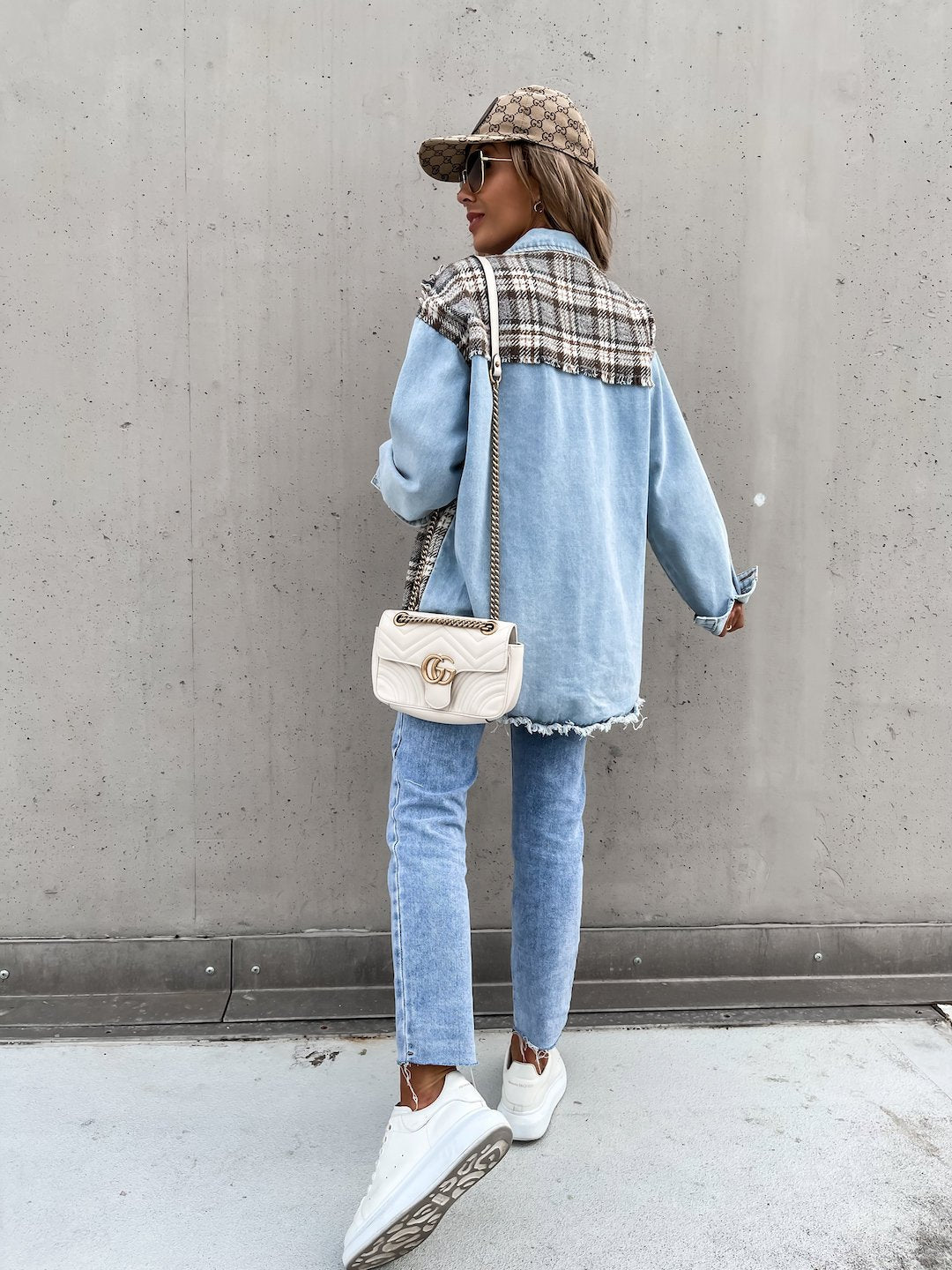 Single-breasted Pile Collar Grid Pattern Denim Outerwear Cardigans