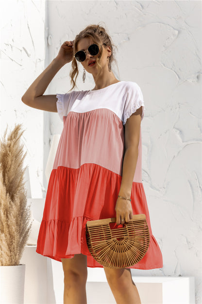 Round Neck Ruffled Hem Vacation Mini Dresses