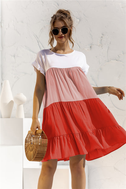 Round Neck Ruffled Hem Vacation Mini Dresses