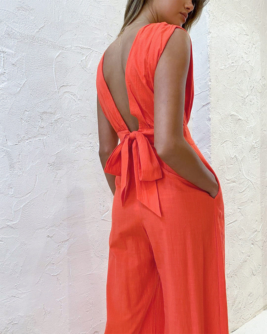 Plunging Neck Backless Wide-leg Jumpsuits