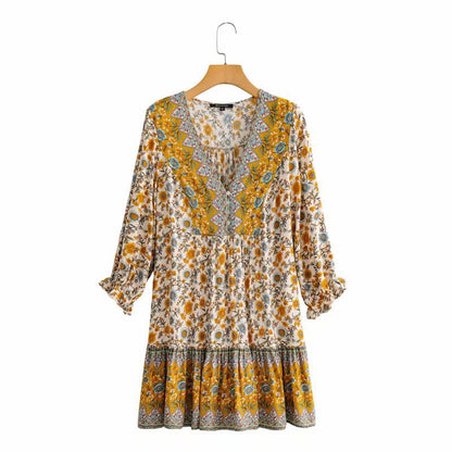 Boho Bohemia V-neck Single-breasted Ruffled Floral Mini Dresses