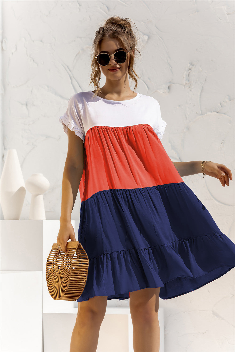 Round Neck Ruffled Hem Vacation Mini Dresses
