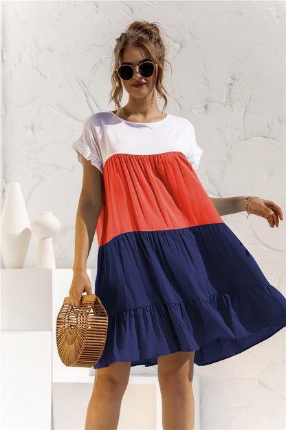 Round Neck Ruffled Hem Vacation Mini Dresses