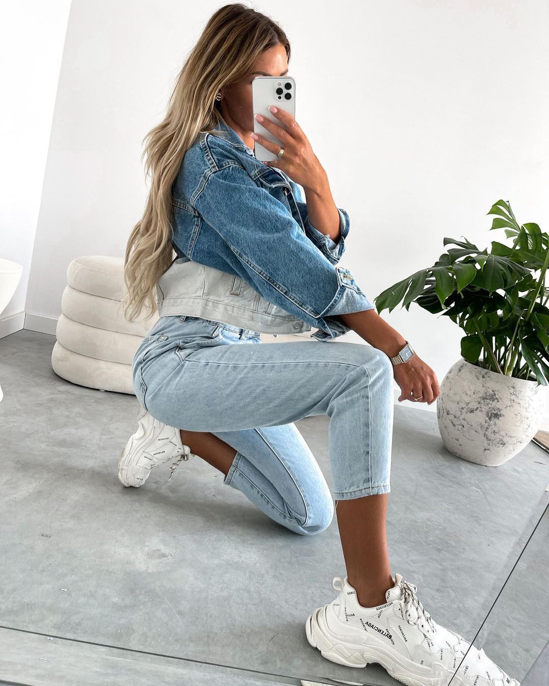 Single-breasted Pile Collar Denim Color Gradient Outerwear Cardigans
