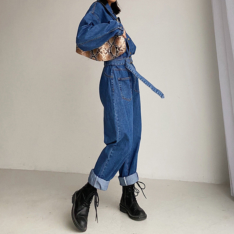 Pile Collar Lace-up Single-breasted Denim Jumpsuits