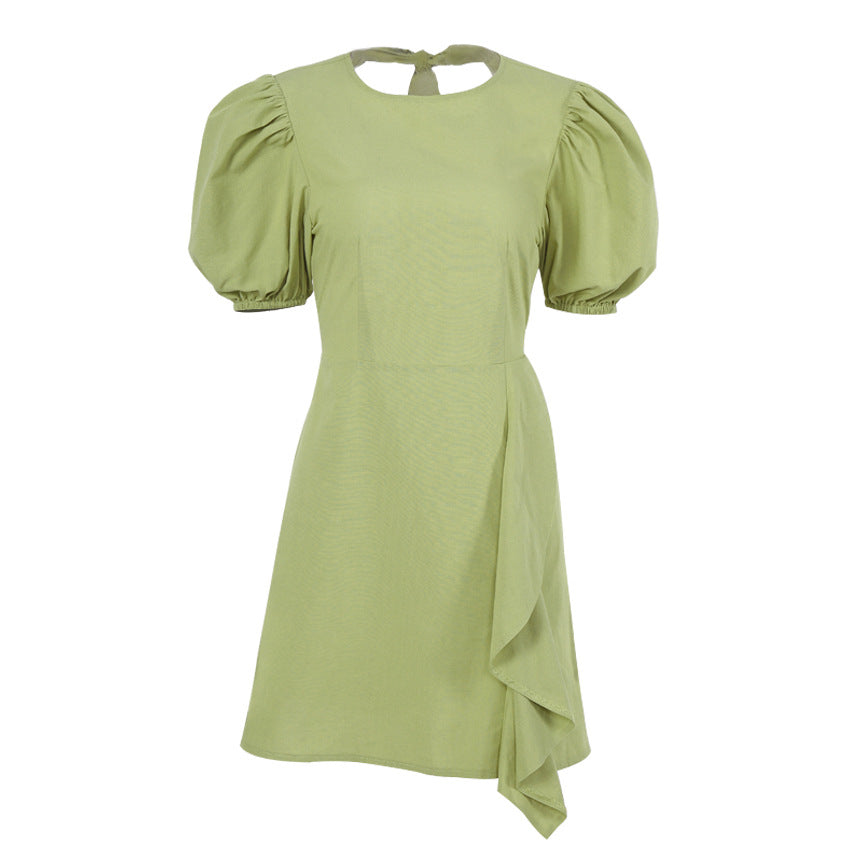 Lantern Bubbles Sleeve Ruffles Hem Backless Party Mini Dresses