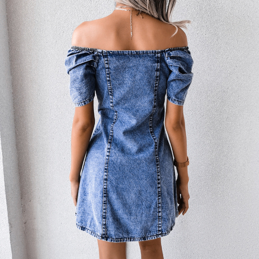 Off Shoulder Puff Bubble Sleeve Single-breasted Denim Mini Dresses