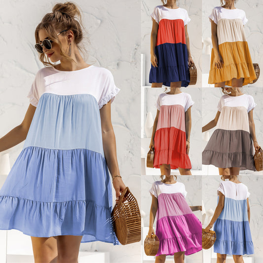 Round Neck Ruffled Hem Vacation Mini Dresses