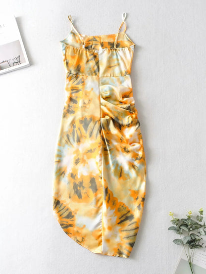 Tie Dye Vintage Irregular Hem Floral Bodycon Party Midi Dresses
