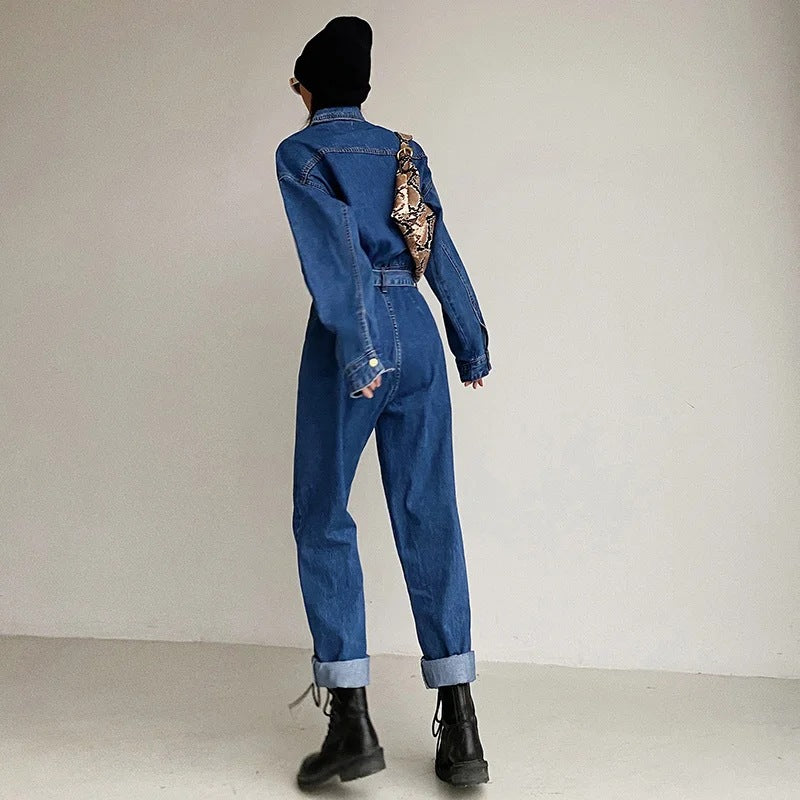 Pile Collar Lace-up Single-breasted Denim Jumpsuits