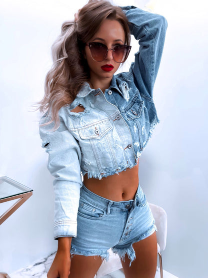 Pile Collar Denim Hole Tassel Outerwear Cardigans Jacket