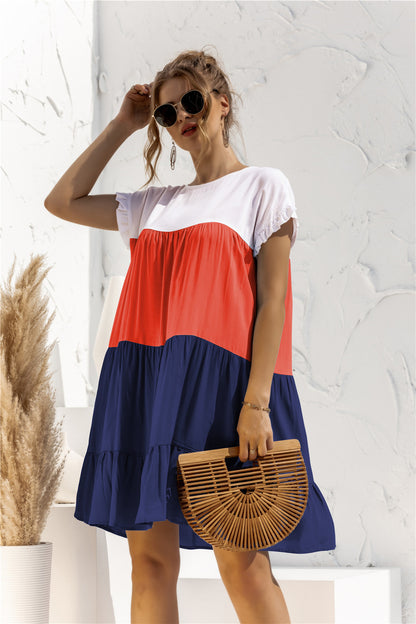 Round Neck Ruffled Hem Vacation Mini Dresses