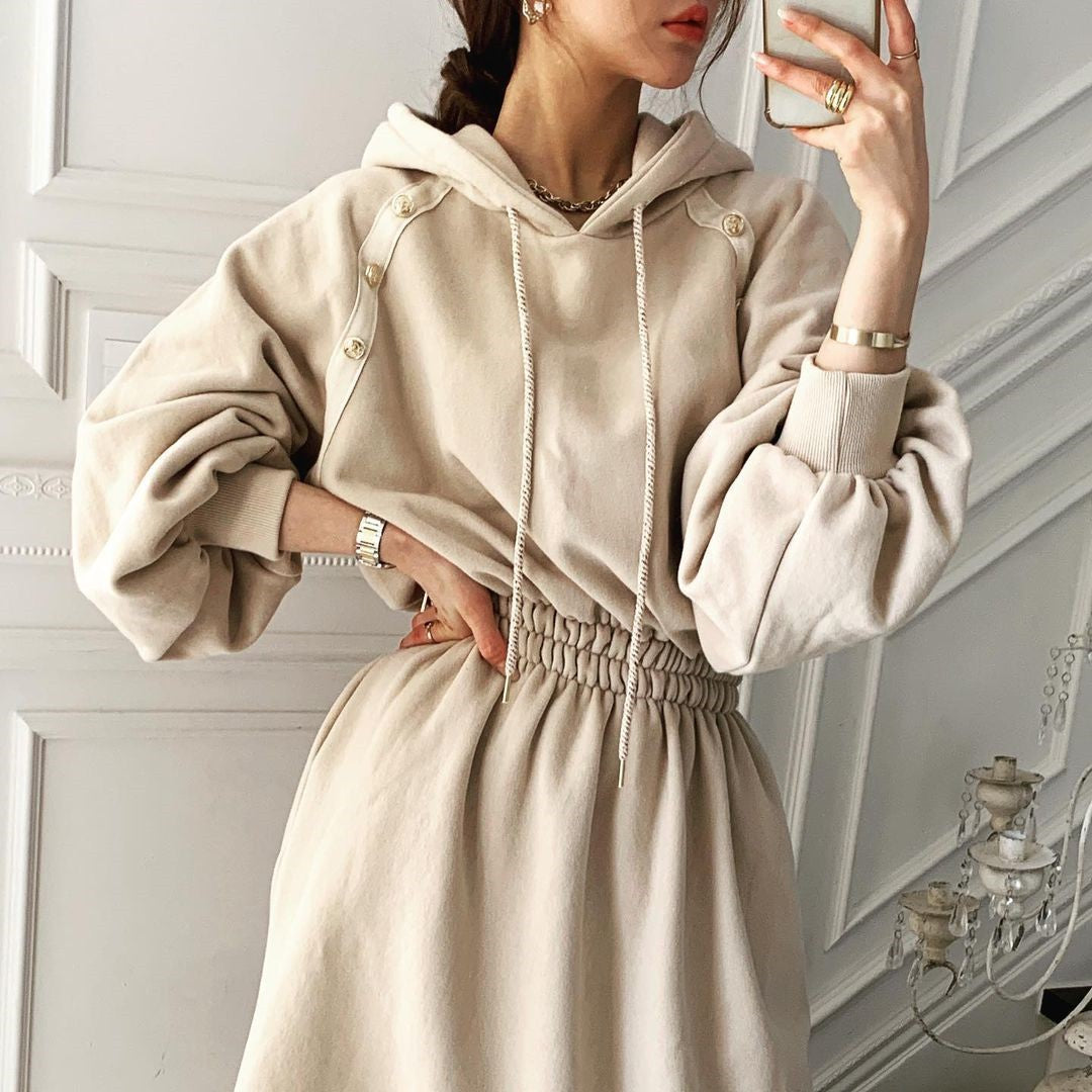 Puff Sleeve Hooded Hoodies Sweatshirts Coat Midi Dresses
