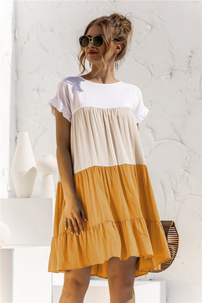 Round Neck Ruffled Hem Vacation Mini Dresses