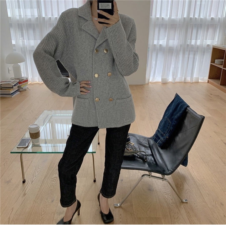 Pile Collar Double Breasted Knitted Sweaters Outerwear Apricot