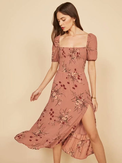 Backless Square Collar Elastic Waist Floral Midi Dresses
