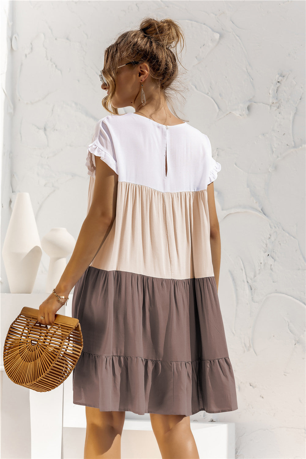 Round Neck Ruffled Hem Vacation Mini Dresses