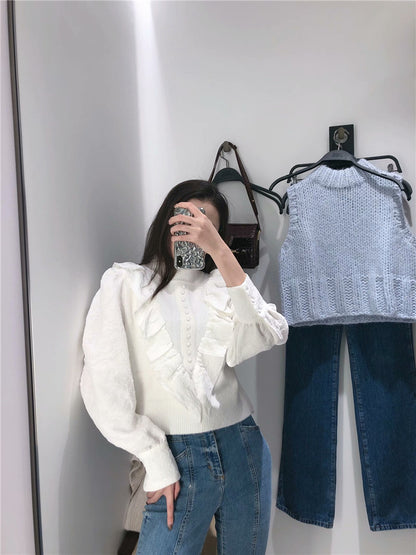 Elastic Sleeve Ruffled High-collared Laminated Sweaters Blouses