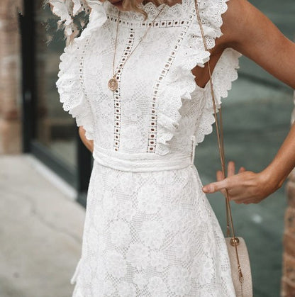 White Embroidered Lace Flower Seeveless Bodycon Mini Dresses