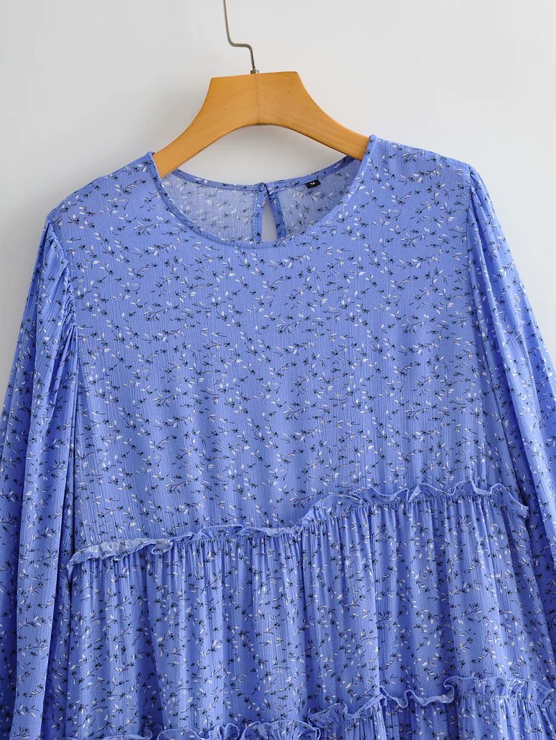 Floral Ruffled Shirred Frill Elastic Sleeve Vacation Mini Dresses