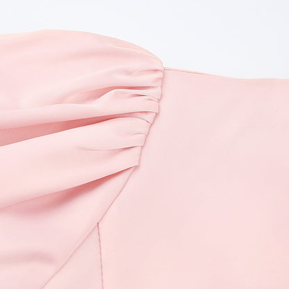 Pink V-neck Lantern Sleeve Single-breasted Skater Party Mini Dresses