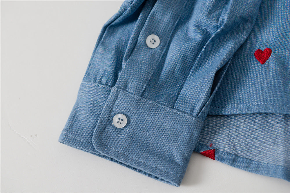Single-breasted Love Shape Embroidery Lapel Denim Shirts