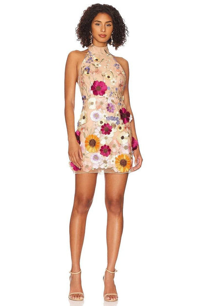Halter Floral Embroidered Bodycon Mini Dresses