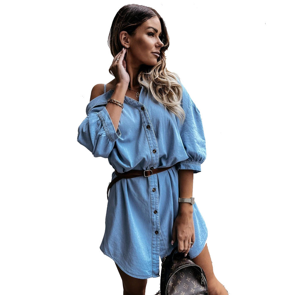Off Shoulder Sling Lantern Sleeve Single-breasted Denim Shirt Mini Dresses