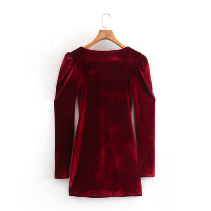 Red Square Collar Vintage Velvet Party Bodycon Mini Dresses