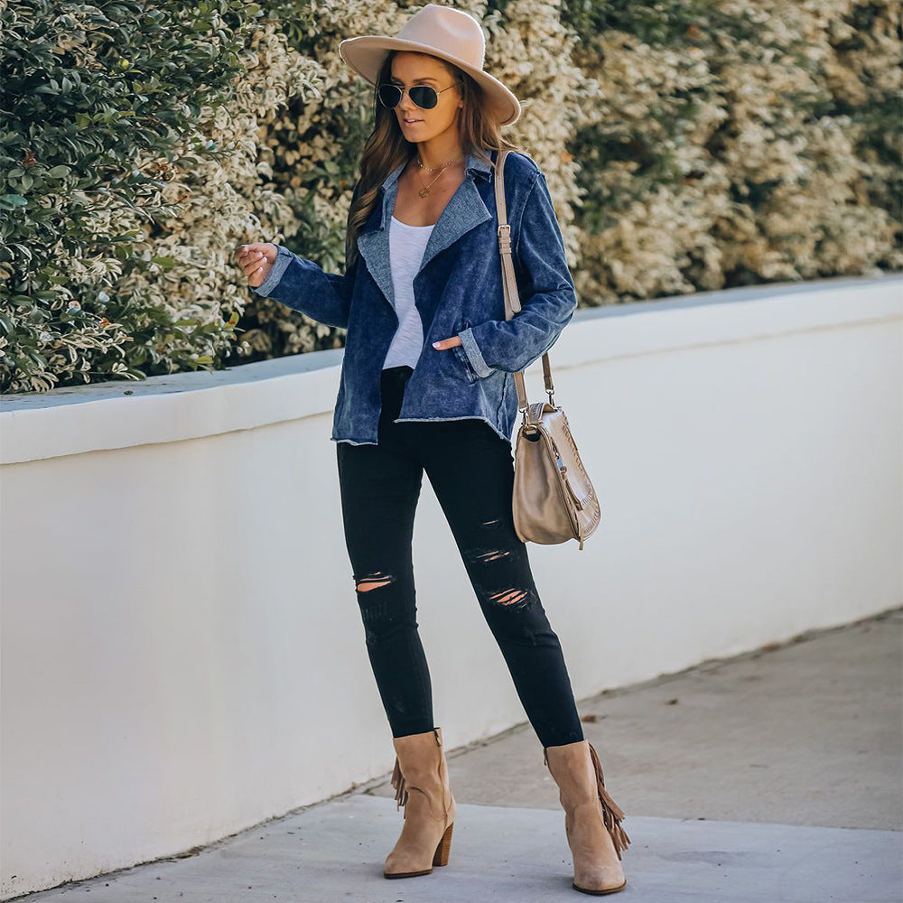 Casual Pile Collar Pocket Denim Outerwear Cardigans