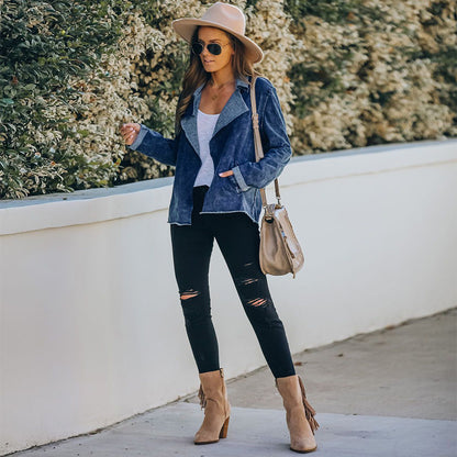 Casual Pile Collar Pocket Denim Outerwear Cardigans