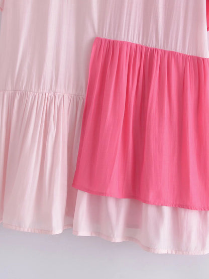 Splicing Shirred Frill Ruffles Sleeve Shirts Mini Dresses