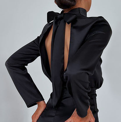 V-neck High Collar Satin Bodycon Mini Dresses
