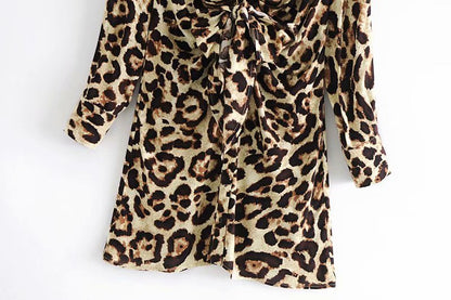 Lace-up Leopard Lapel Floral Mini Dresses
