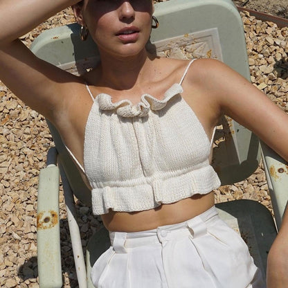 Backless Lace-up Knit Sweaters Ruffle Camis Tank Crop Tops