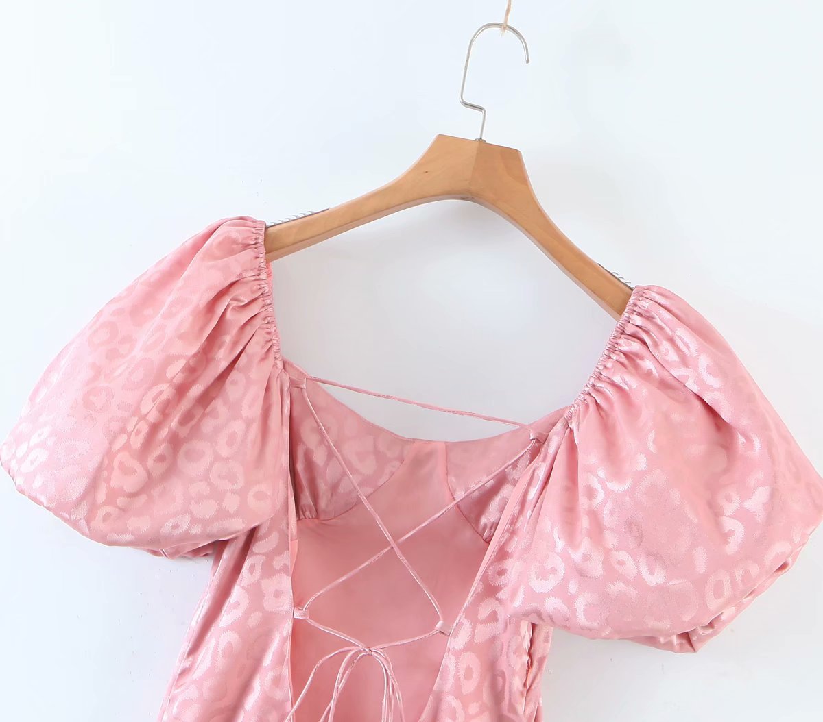 Ruffled Puff Sleeve Lace-up Backless Satin Mini Dresses