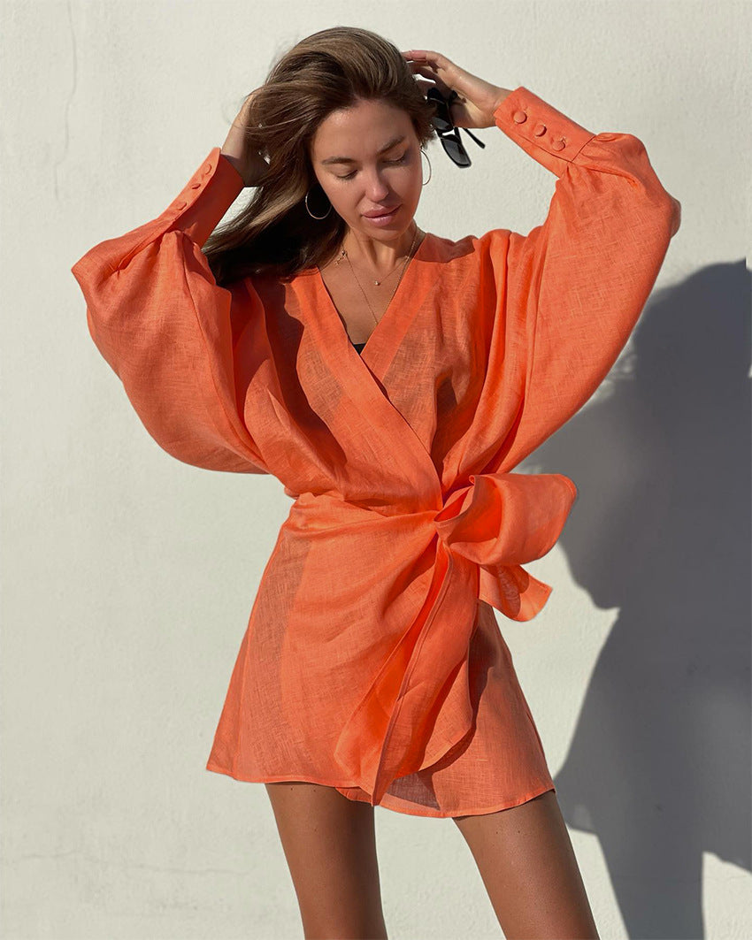 V-neck Vacation Linen Lace-up Mini Dresses