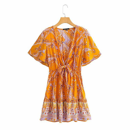 Boho V-neck Floral Flared Sleeve Lace-up Mini Dresses
