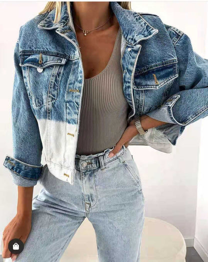 Single-breasted Pile Collar Denim Color Gradient Outerwear Cardigans
