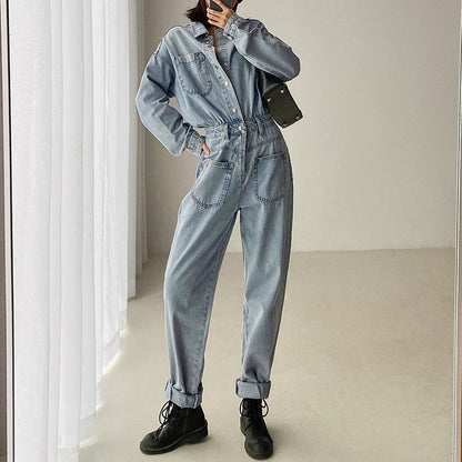Pile Collar Lace-up Single-breasted Denim Jumpsuits