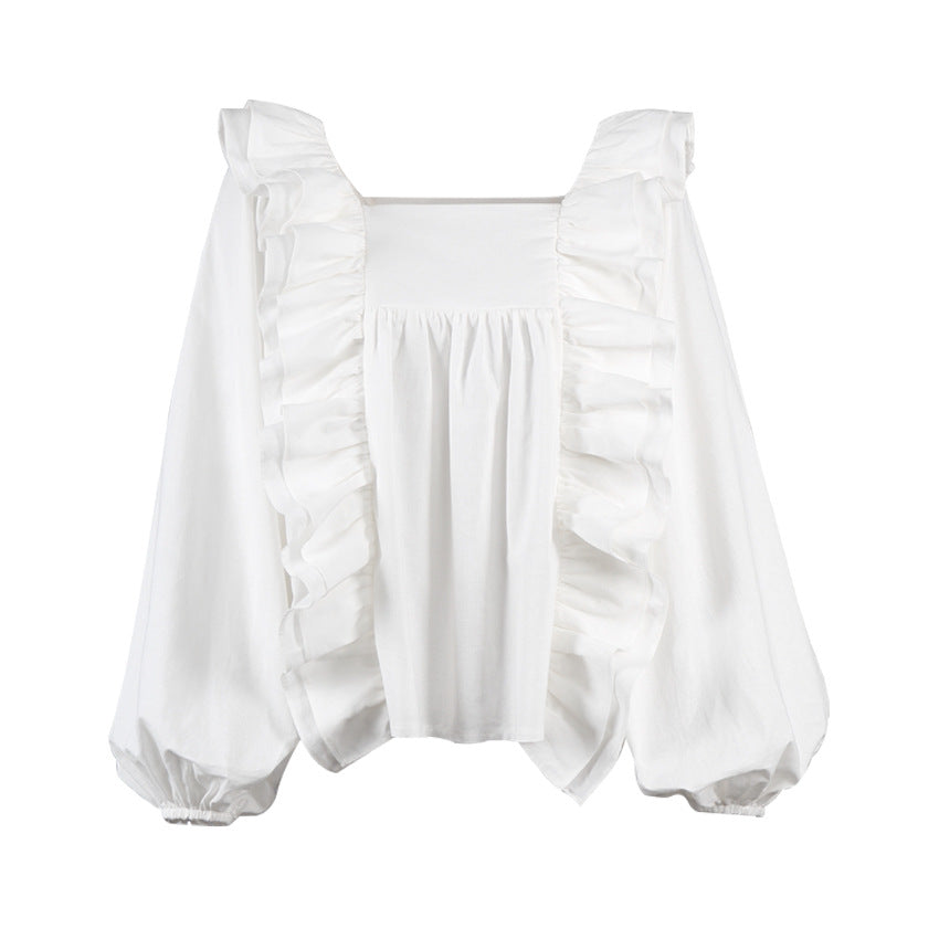 Square Collar Ruffled Lantern Sleeve Shirts Blouses