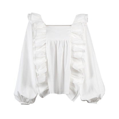 Square Collar Ruffled Lantern Sleeve Shirts Blouses