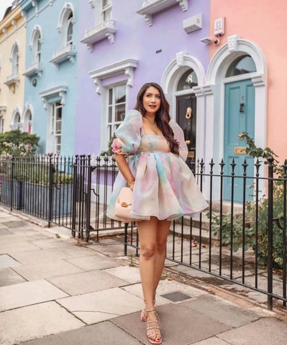 Tie Dye Rainbow Puff Bubble Sleeve Off Shoulder Mini Dresses