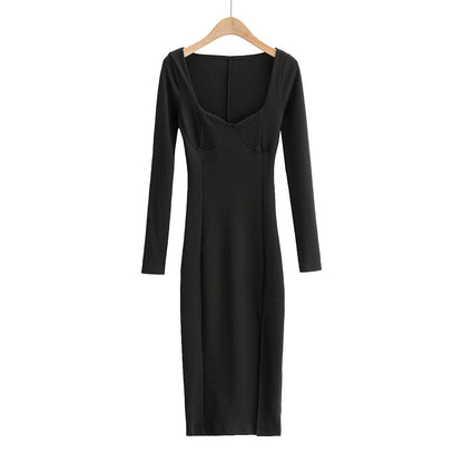 Vintage Square Collar Knit Sweater Midi Dresses