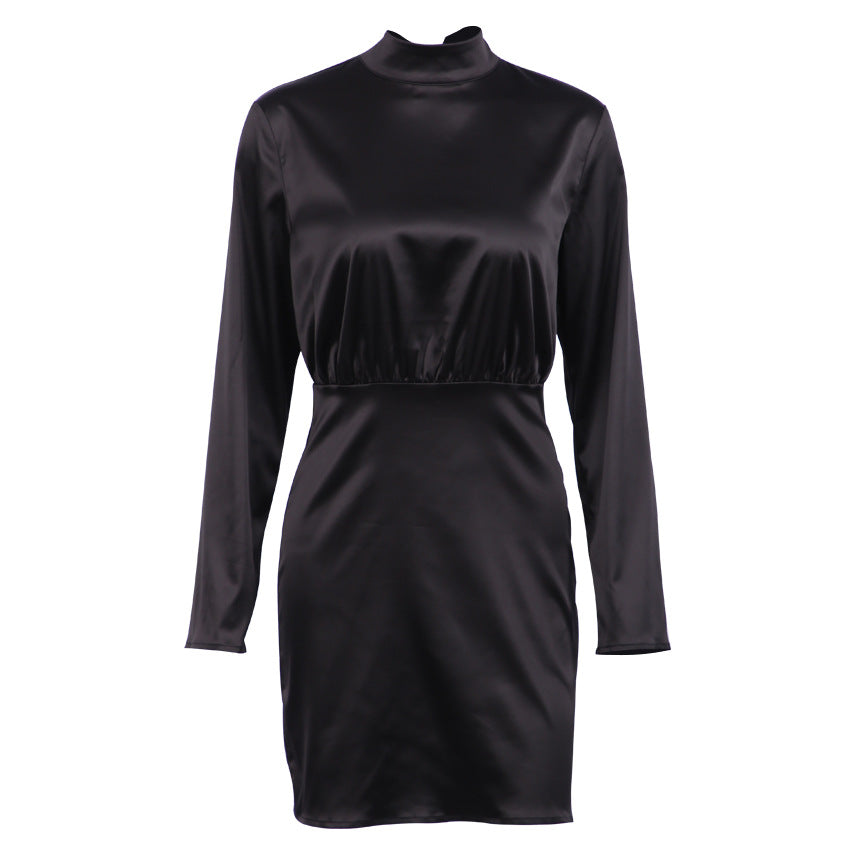 V-neck High Collar Satin Bodycon Mini Dresses