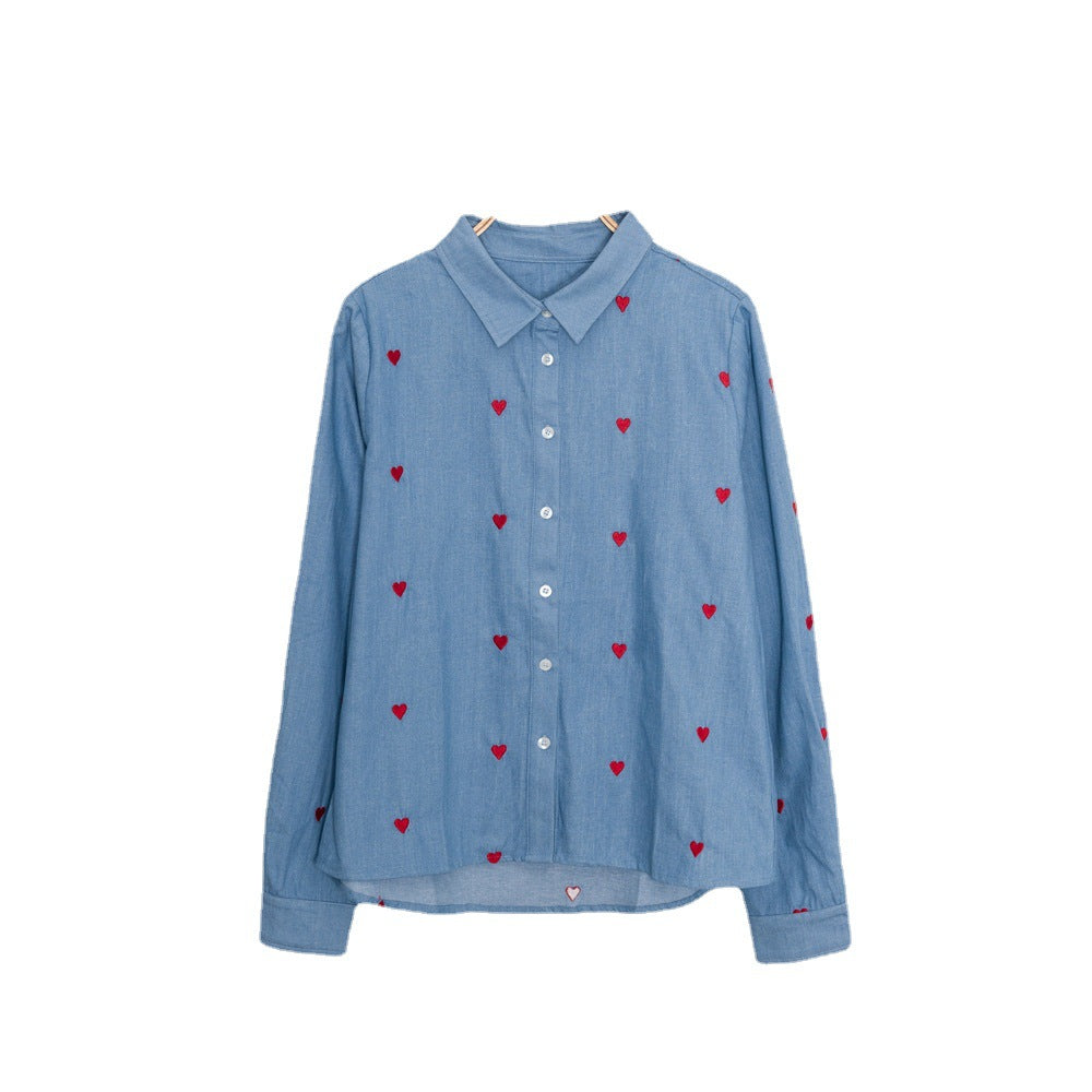 Single-breasted Love Shape Embroidery Lapel Denim Shirts