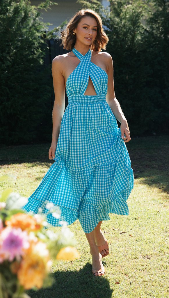 Blue Halter Backless Vacation Party Maxi Dresses