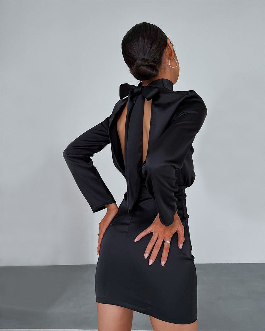 V-neck High Collar Satin Bodycon Mini Dresses