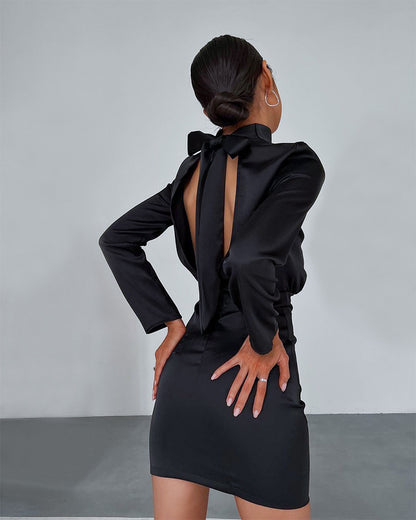 V-neck High Collar Satin Bodycon Mini Dresses
