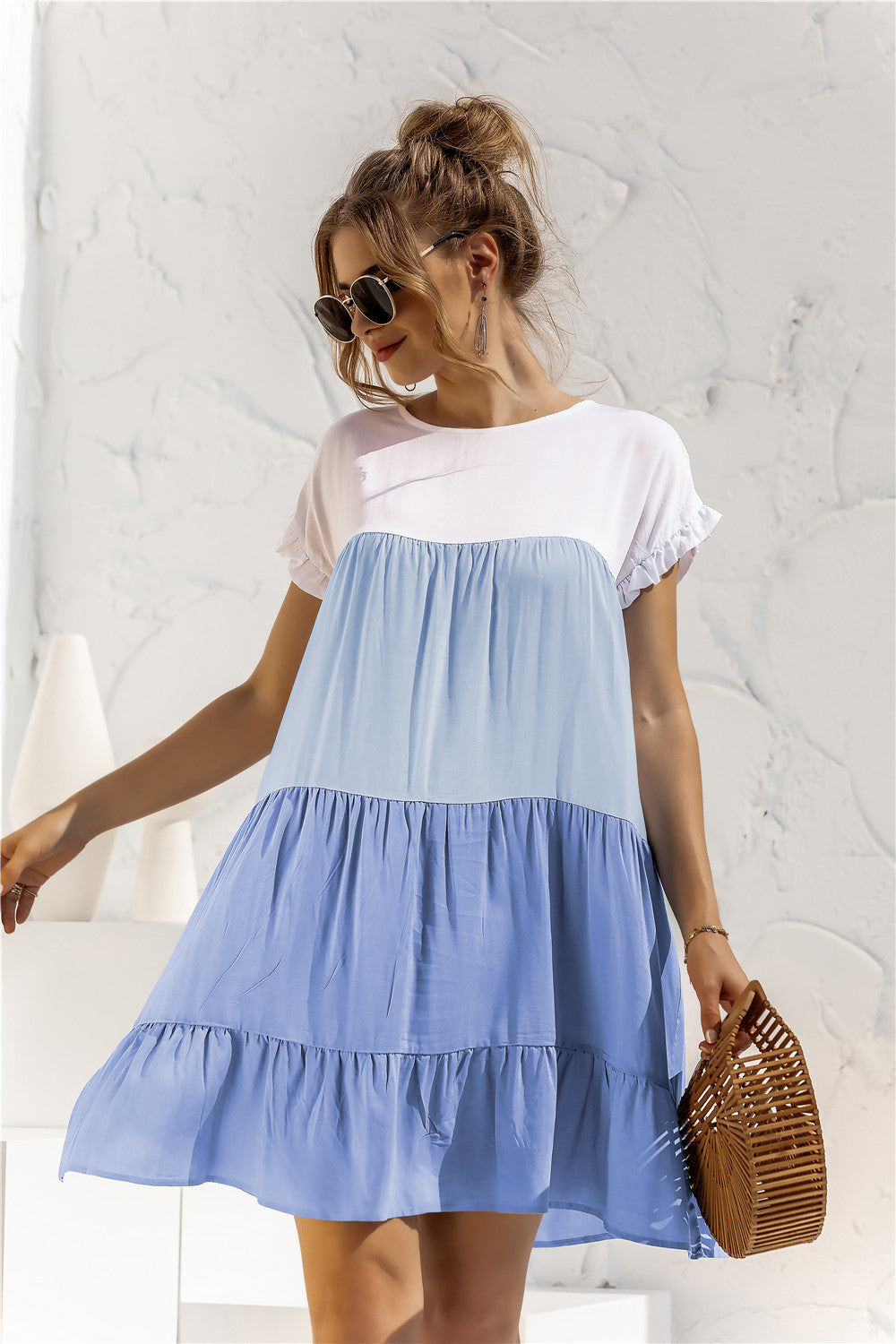 Round Neck Ruffled Hem Vacation Mini Dresses